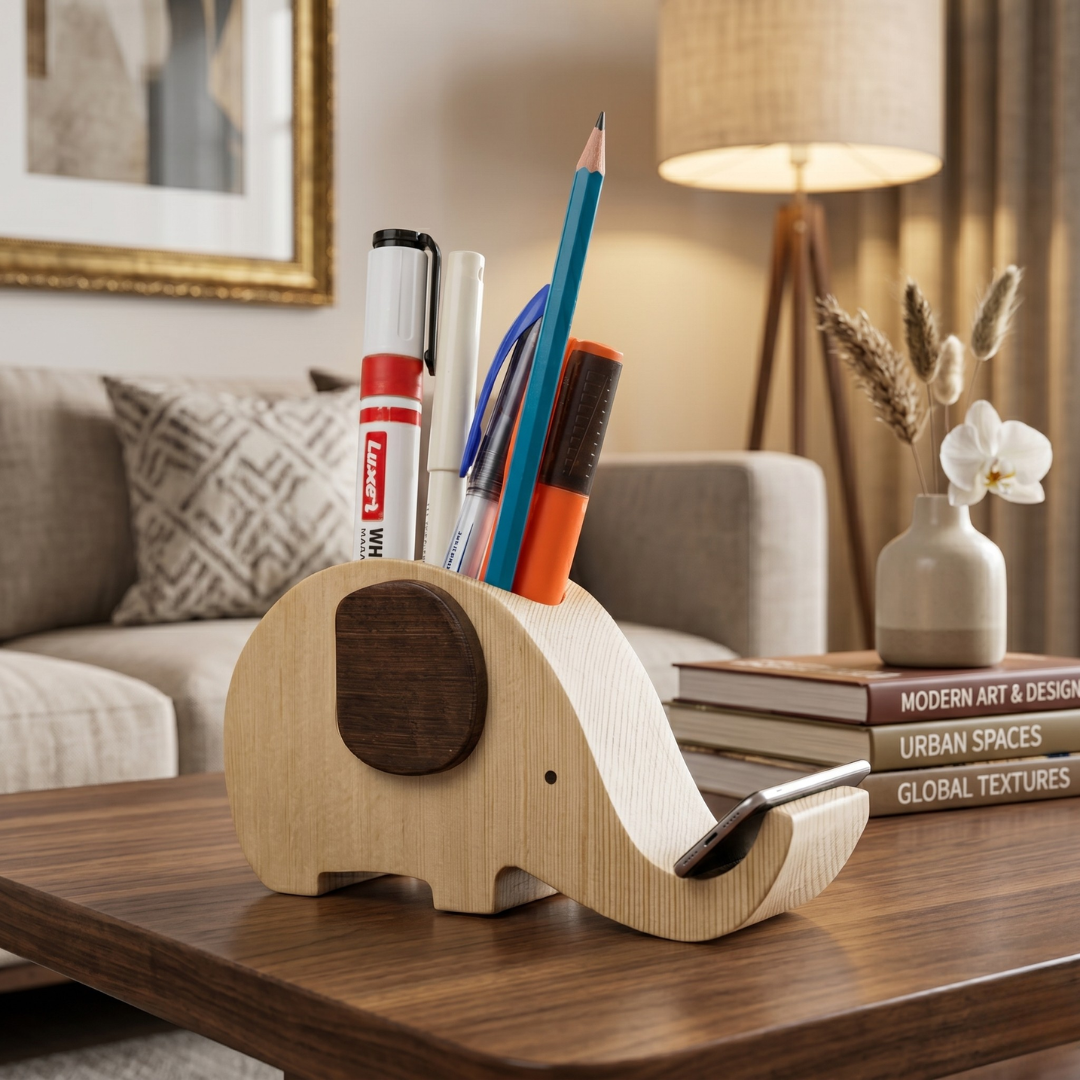 Elephant Pen Stand - Wooden Decor