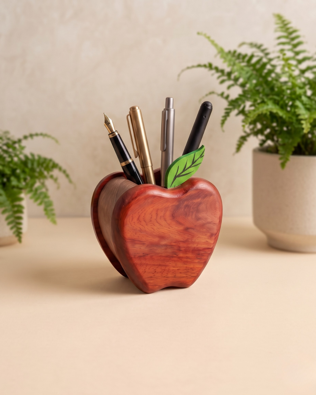 Wooden Apple Pen Holder – Elegant Desk Organizer