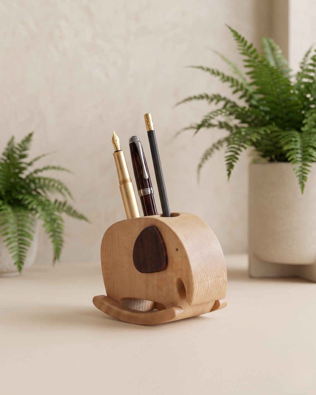 Handcrafted Wooden Rocking Elephant Pen Holder – Elegant and Eco-friendly Desk Organizer