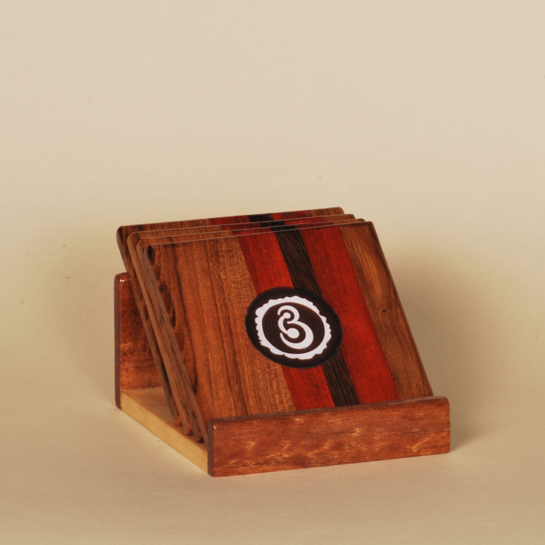 Handcrafted Pinewood Coaster Set with Holder – Elegant Multi-Tone Finish
