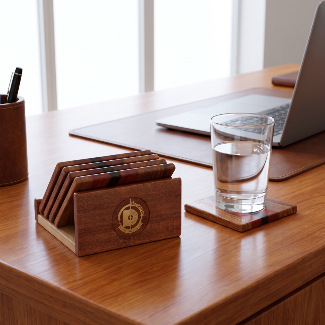 Handcrafted Pinewood Coaster Set with Holder – Elegant Multi-Tone Finish
