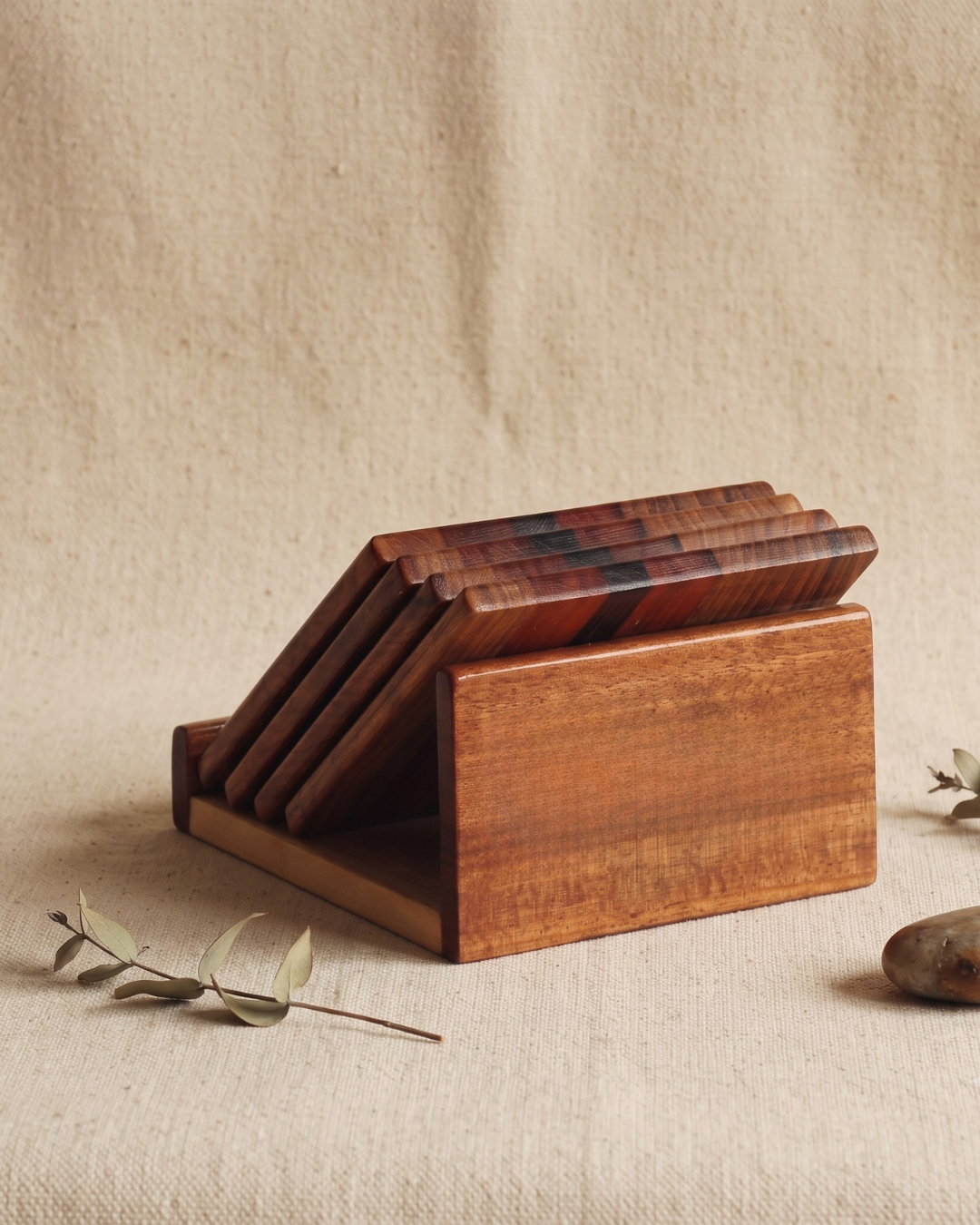 Handcrafted Pinewood Coaster Set with Holder – Elegant Multi-Tone Finish