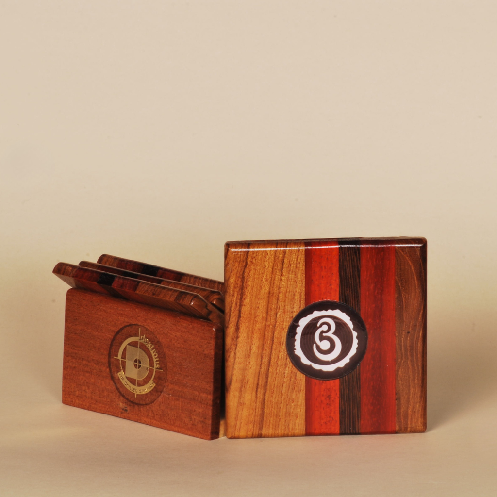 Handcrafted Pinewood Coaster Set with Holder – Elegant Multi-Tone Finish