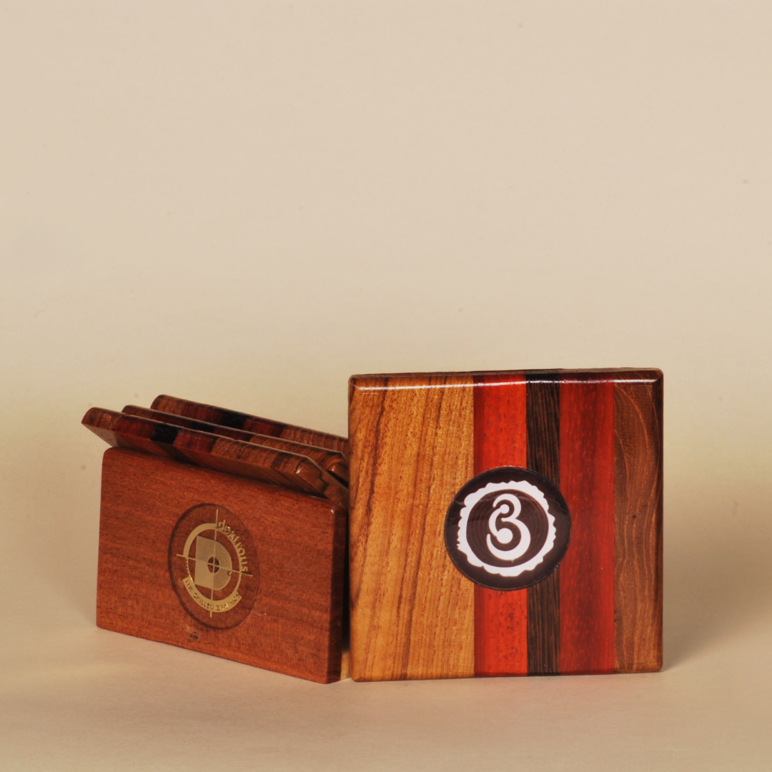Handcrafted Pinewood Coaster Set with Holder – Elegant Multi-Tone Finish