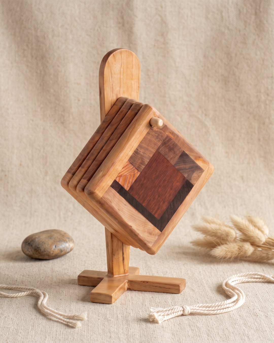 Handcrafted Wooden Coaster Set with Stand – Elegant Office & Home Decor