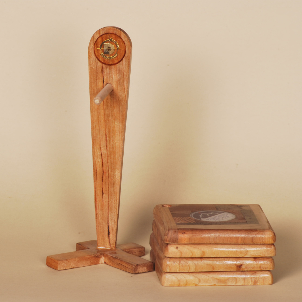 Handcrafted Pinewood Coaster Set with Stand – Elegant Office & Home Decor