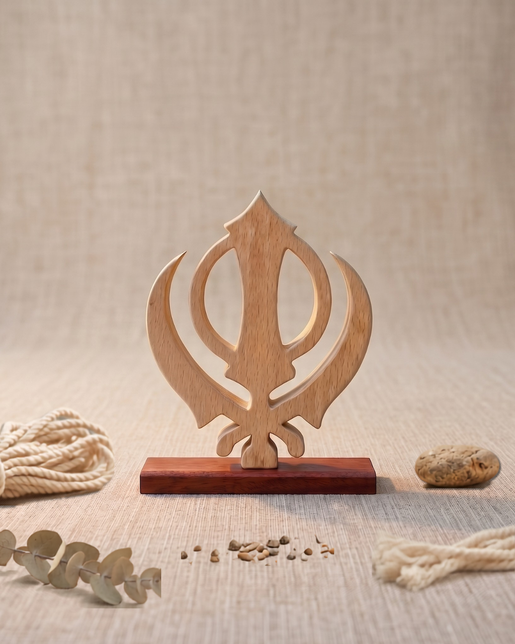 Handcrafted Wooden Khanda Sculpture with Base – Sikh Spiritual Home Décor