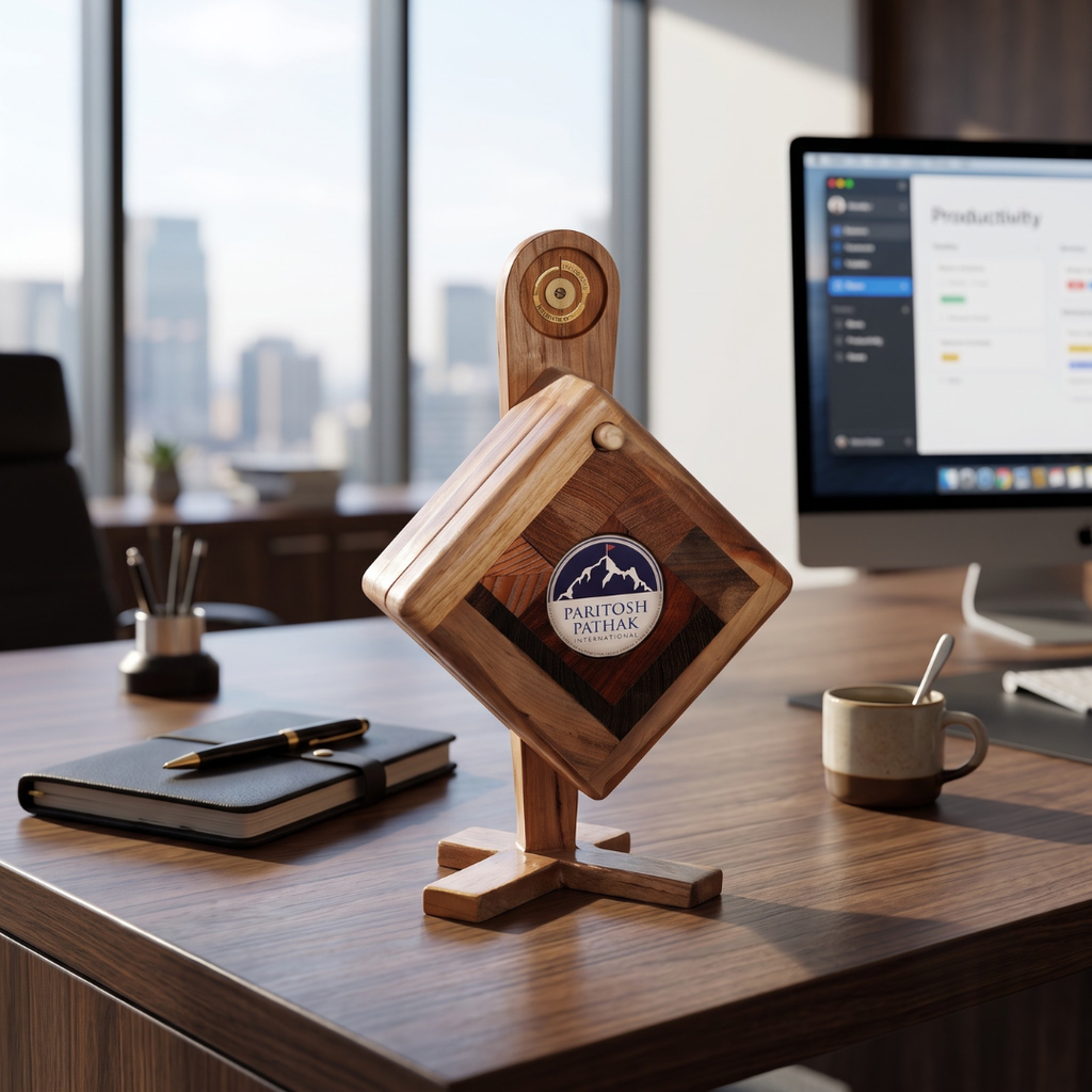 Handcrafted Pinewood Coaster Set with Stand – Elegant Office & Home Decor