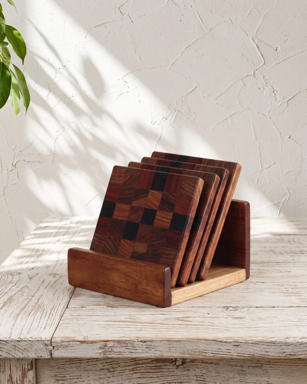 Handcrafted Pinewood Coaster Set with Holder – Elegant Multi-Tone Finish