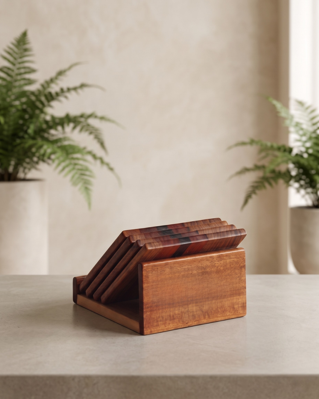 Handcrafted Pinewood Coaster Set with Holder – Elegant Multi-Tone Finish