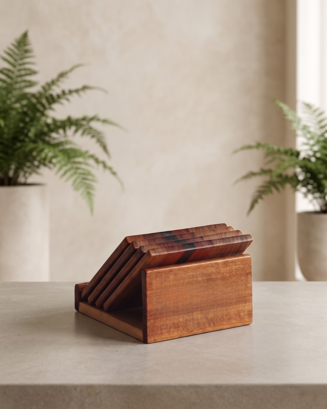 Handcrafted Pinewood Coaster Set with Holder – Elegant Multi-Tone Finish