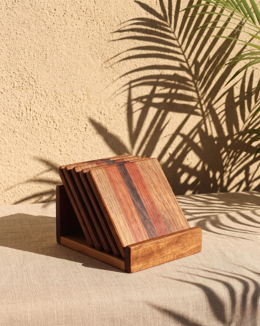 Handcrafted Pinewood Coaster Set with Holder – Elegant Multi-Tone Finish