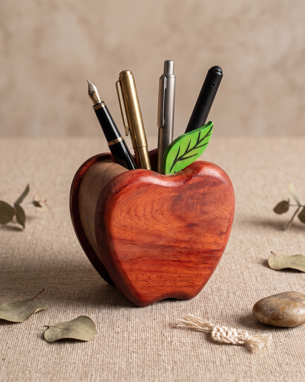 Wooden Apple Pen Holder – Elegant Desk Organizer