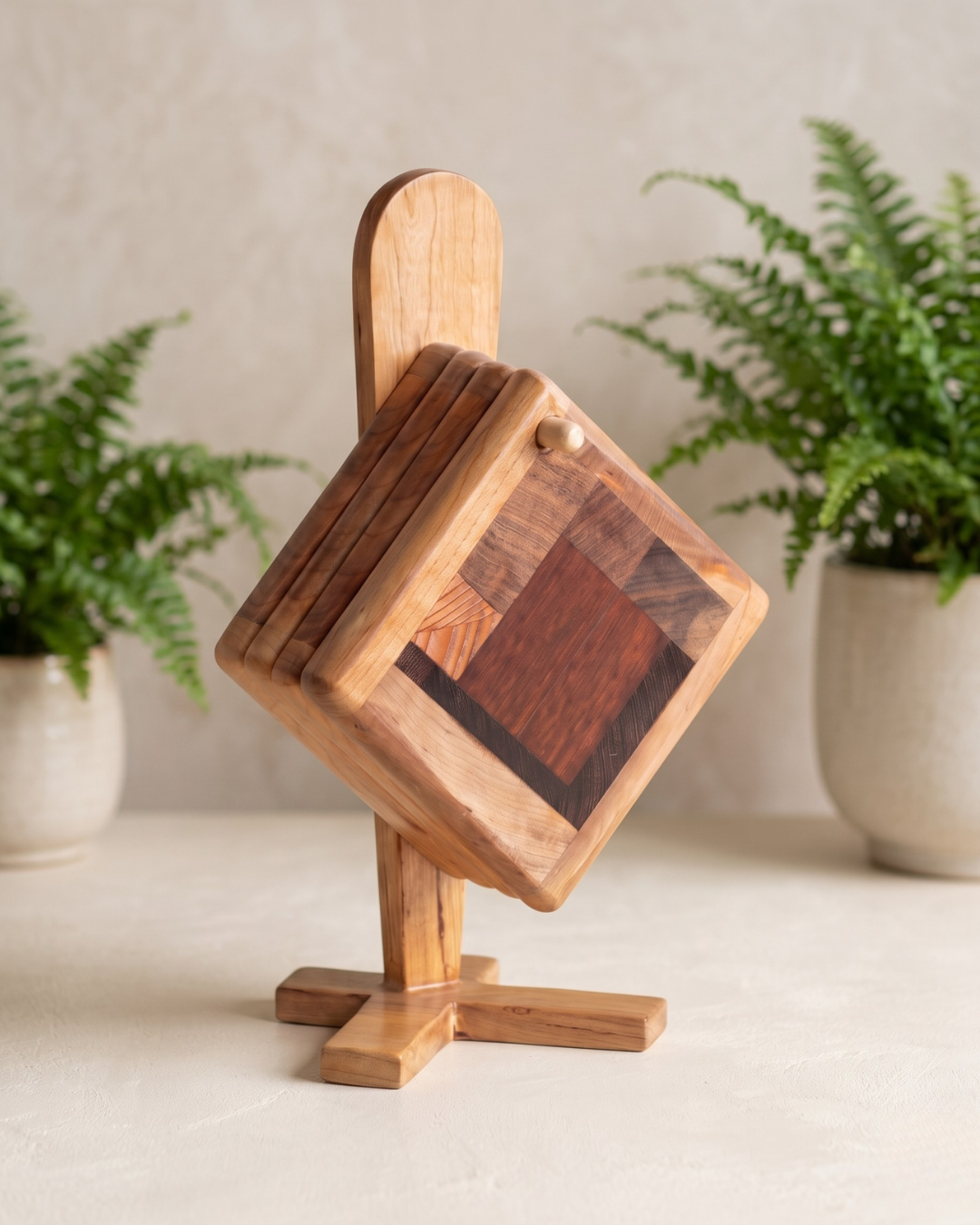 Handcrafted Wooden Coaster Set with Stand – Elegant Office & Home Decor