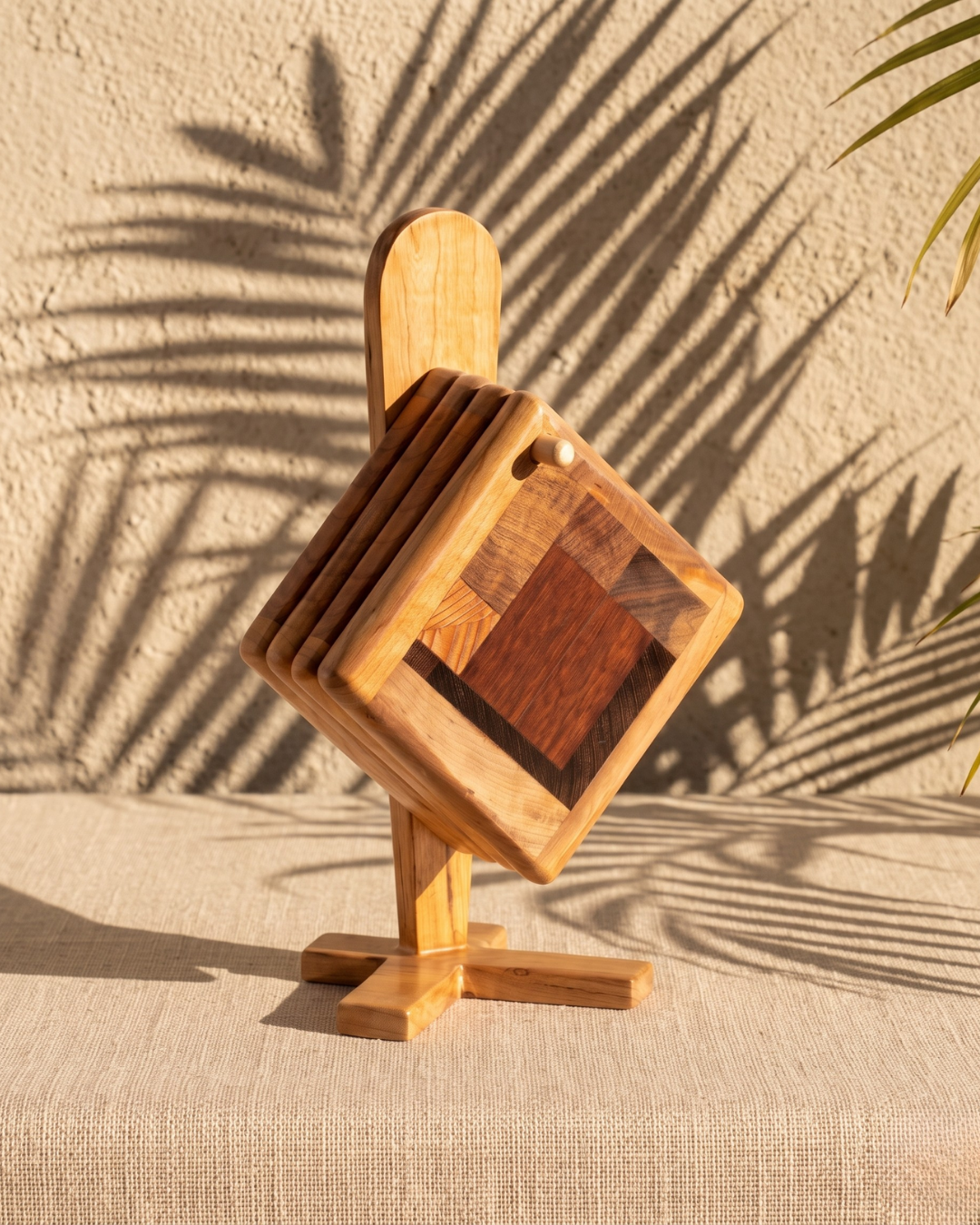 Handcrafted Wooden Coaster Set with Stand – Elegant Office & Home Decor