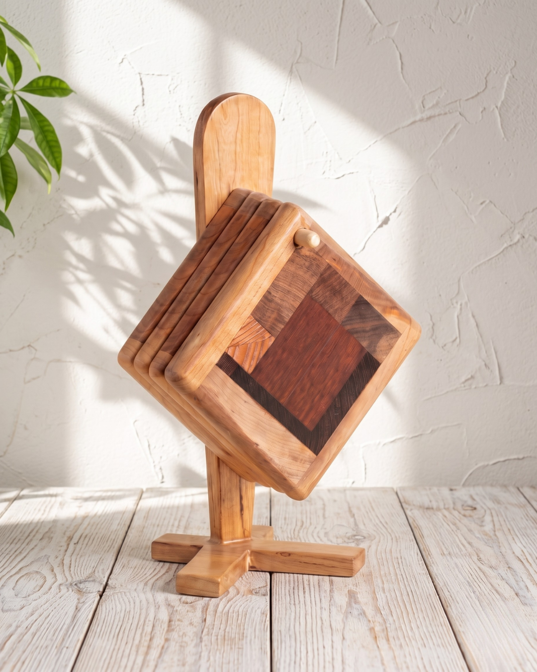 Handcrafted Wooden Coaster Set with Stand – Elegant Office & Home Decor