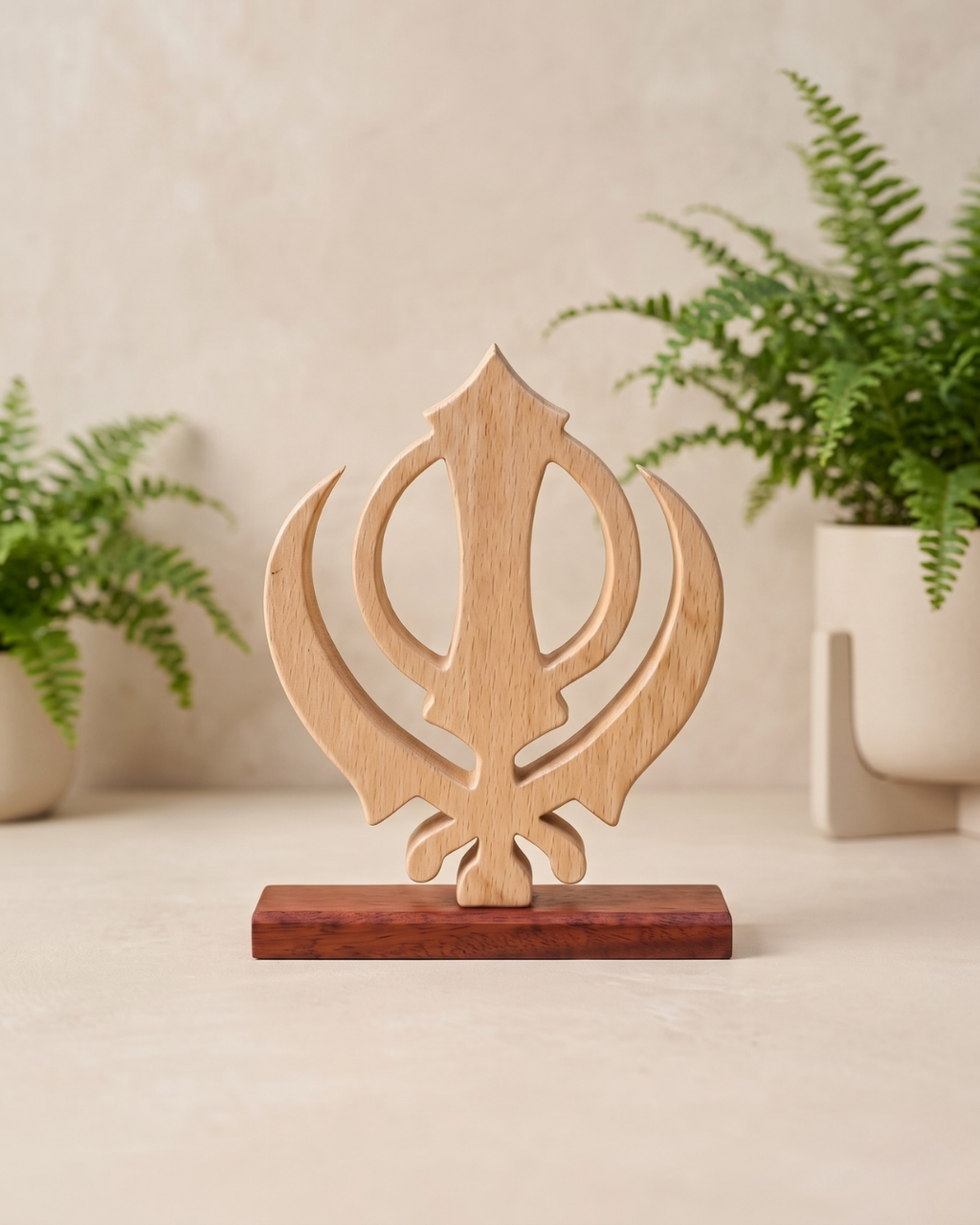 Handcrafted Wooden Khanda Sculpture with Base – Sikh Spiritual Home Décor