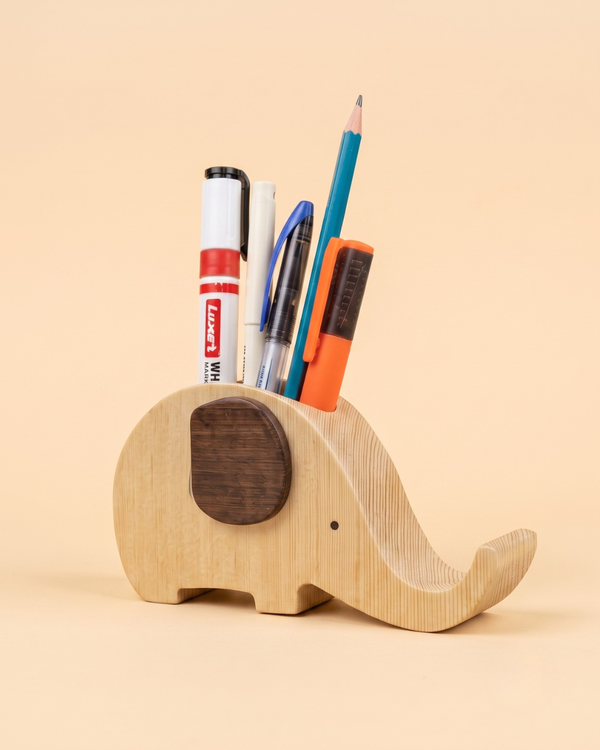 Handcrafted Wooden Elephant Pen Holder – Elegant Desk Organizer for Home & Office